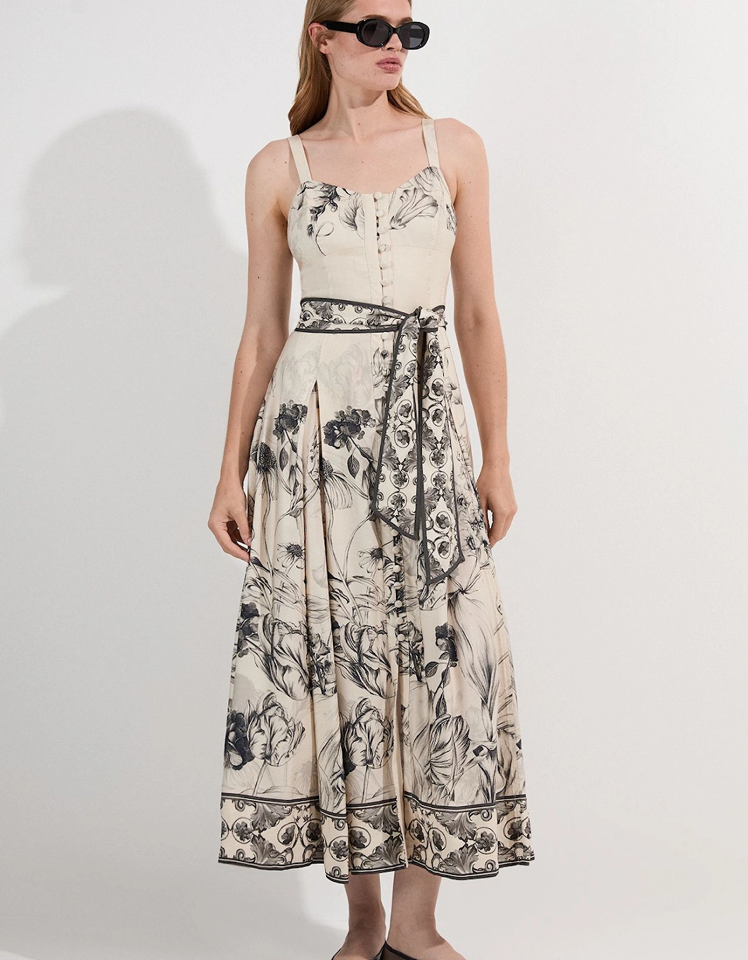 Petite Viscose Linen Scenic Placed Print Strappy Woven Midi Dress, 2 of 1