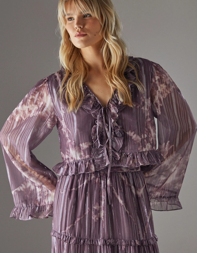 Metallic Chiffon Ruffle Tie Front Flared Sleeve Blouse