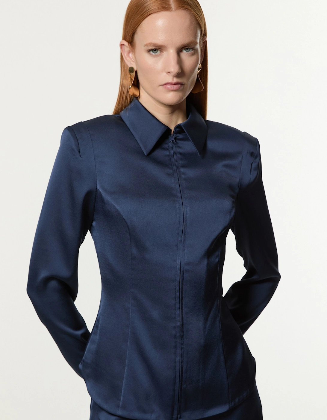 Satin Back Crepe Strong Shoulder Woven Zip Front Blouse, 2 of 1