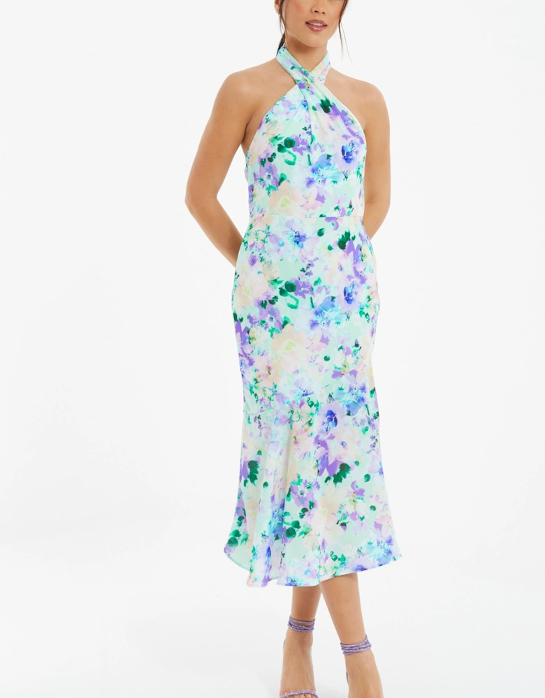 Multi Floral Halter Neck Midi Dress