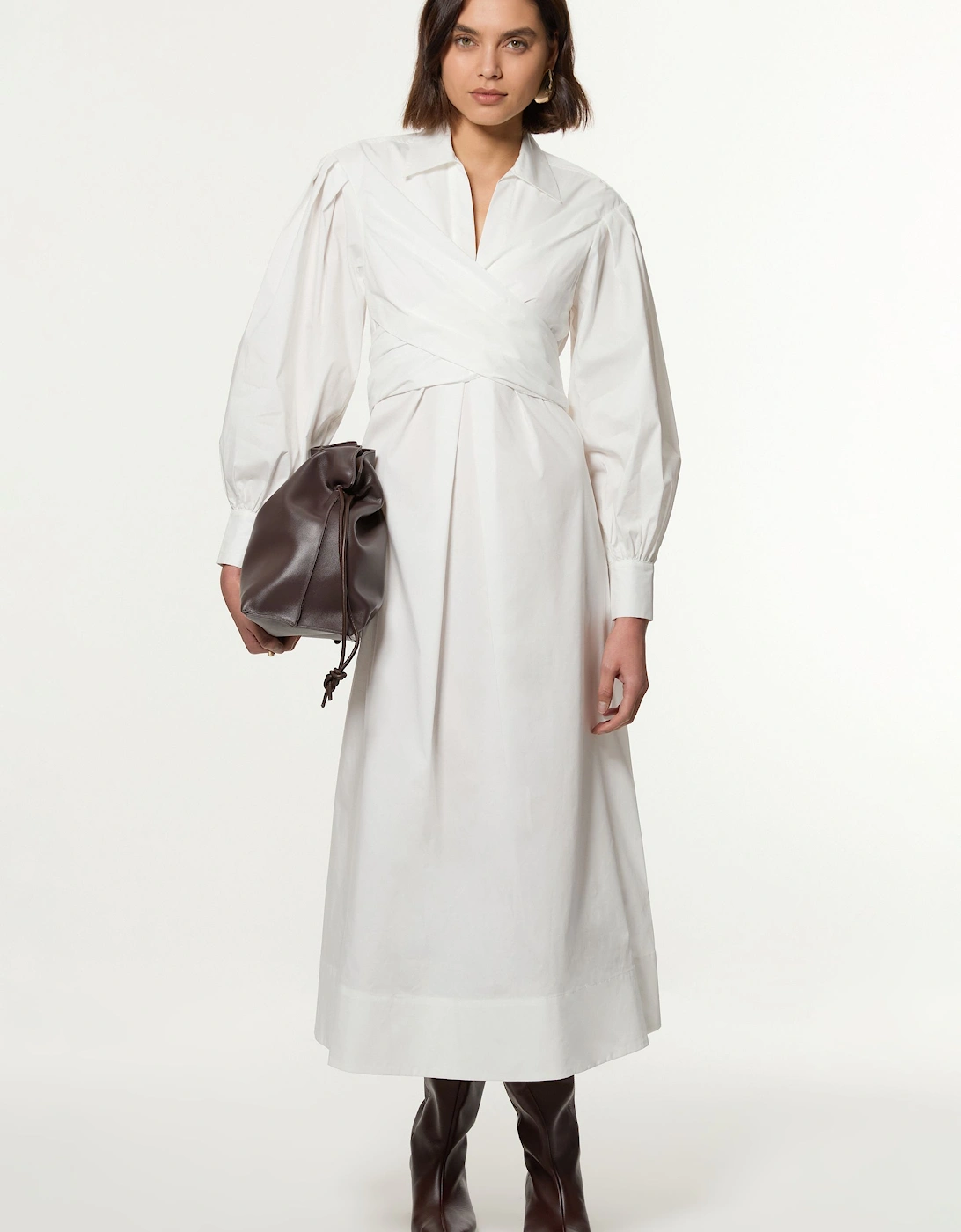 Petite Cotton Poplin Drama Sleeve Woven Wrap Detail Shirt Dress, 2 of 1