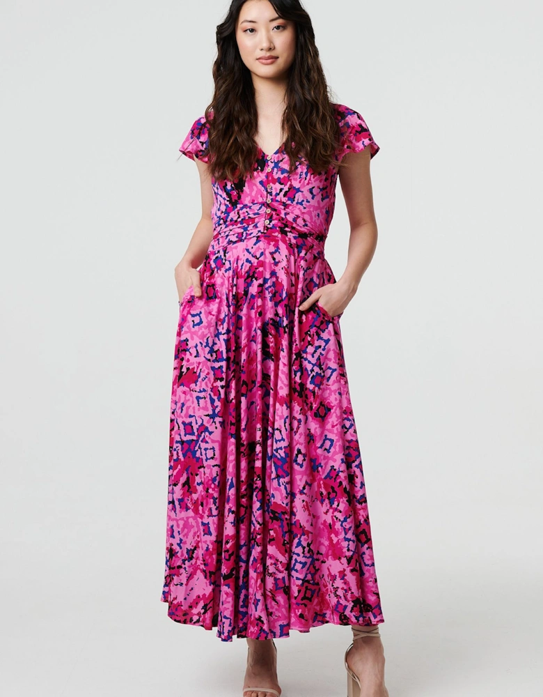 Abstract Ruched Waist Cap Sleeve Maxi Dress
