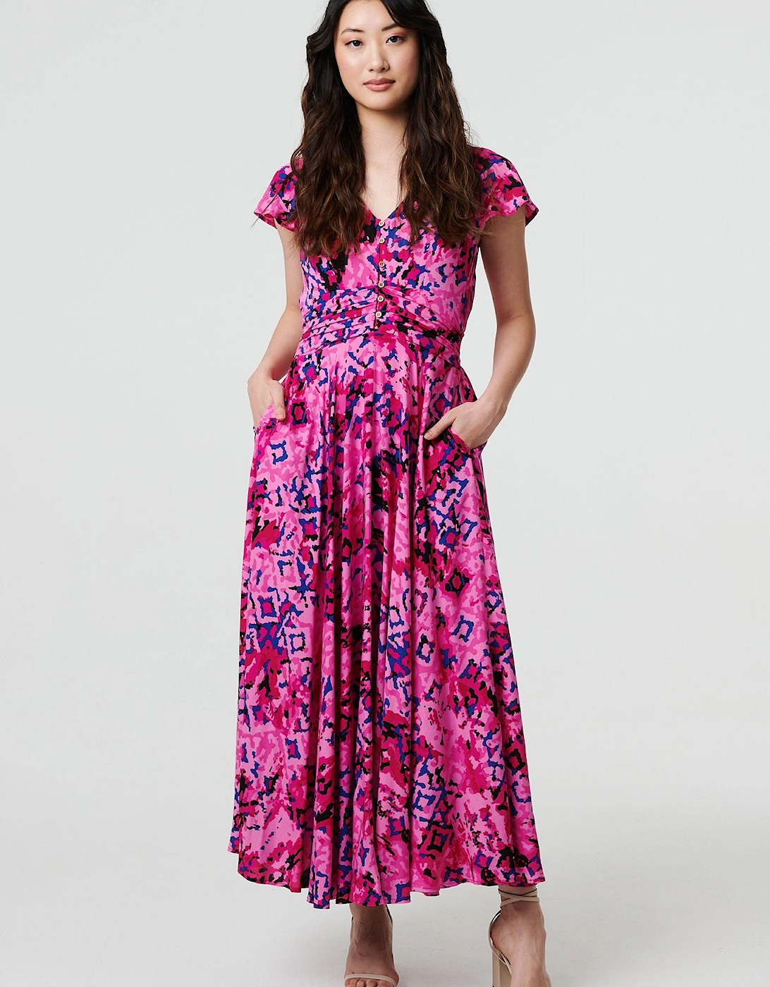 Abstract Ruched Waist Cap Sleeve Maxi Dress, 2 of 1