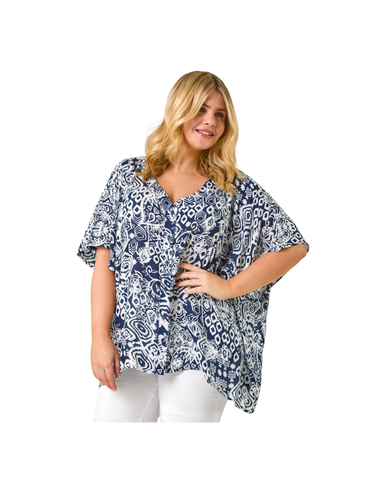 Curve Ikat Print Asymmetric Blouse