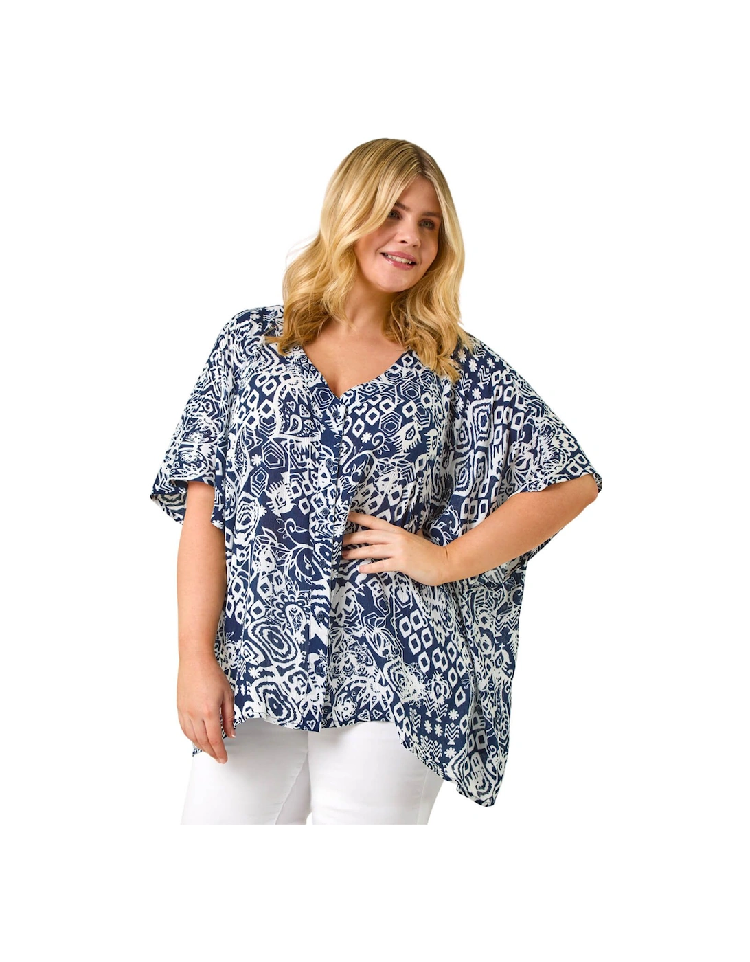 Curve Ikat Print Asymmetric Blouse, 2 of 1