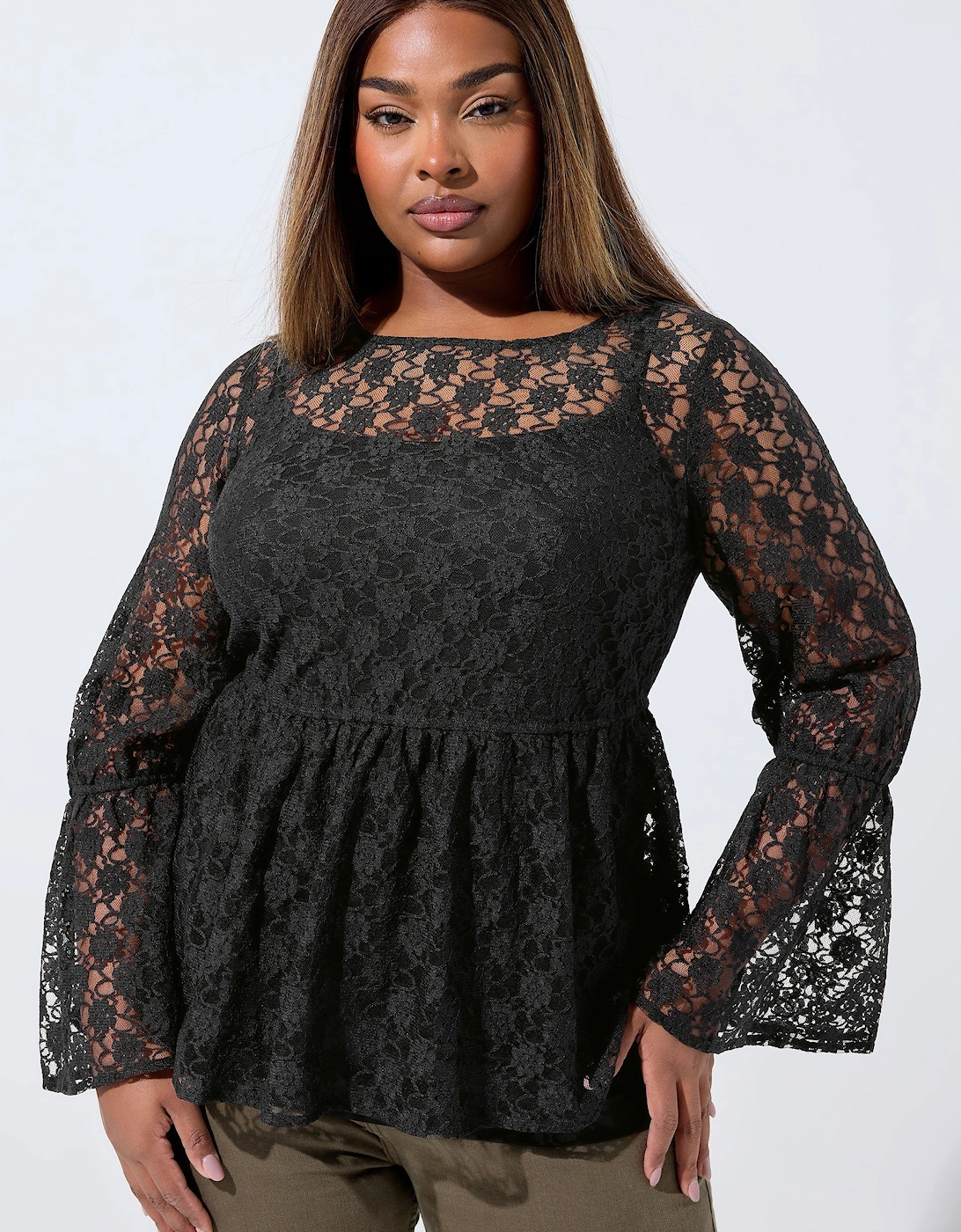 Lace Flare Sleeve Peplum Top, 2 of 1