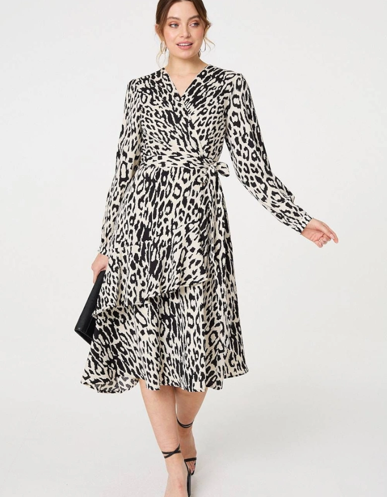 Animal Print Ruffled Midi Wrap Dress