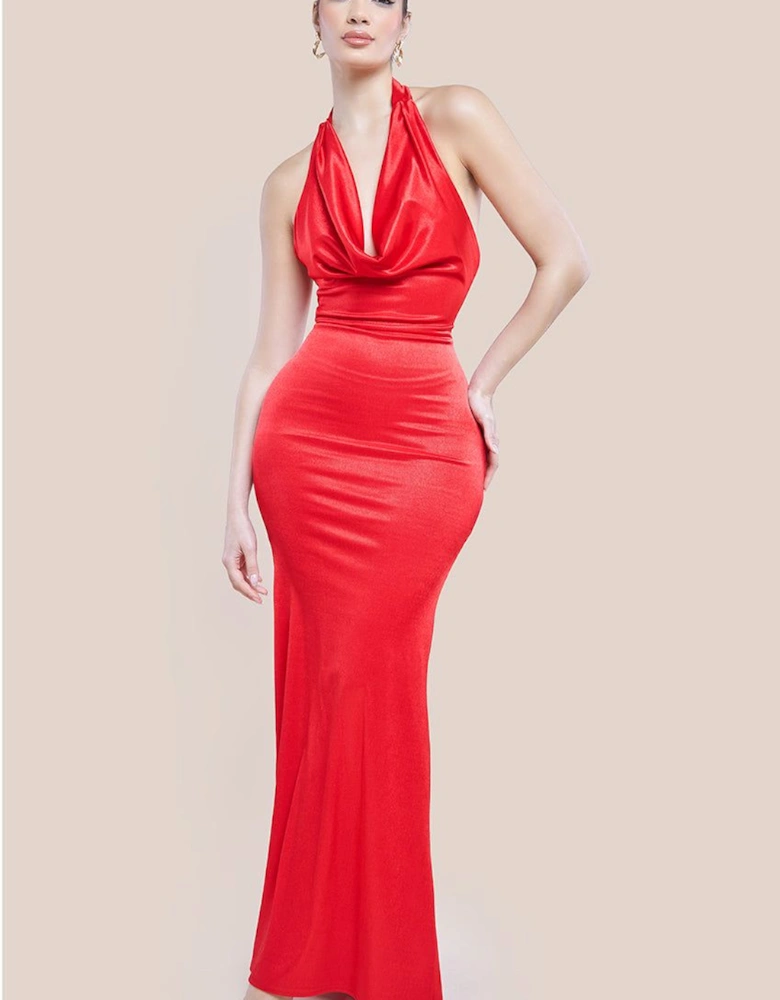 Halter Cowl Neck Back Maxi Dress