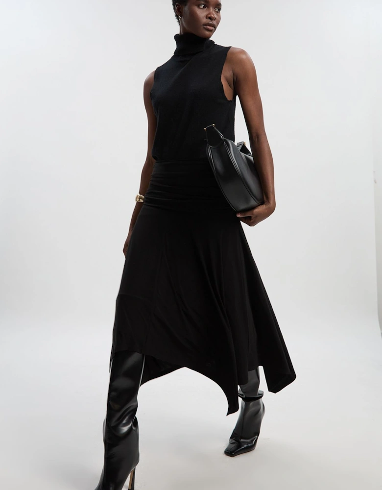 Stretch Drapey Crepe Ruched Hanky Hem Midi Skirt
