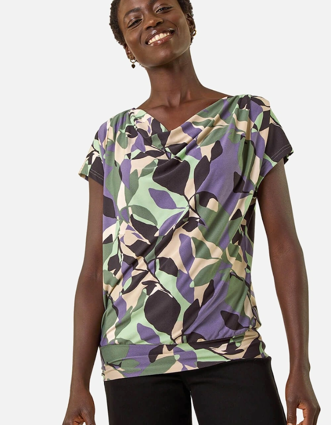 Geometric Leaf Print Cowl Neck Top, 2 of 1