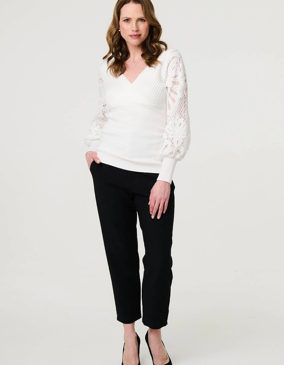 Floral Lace Puff Sleeve Fitted Knit Top, 2 of 1