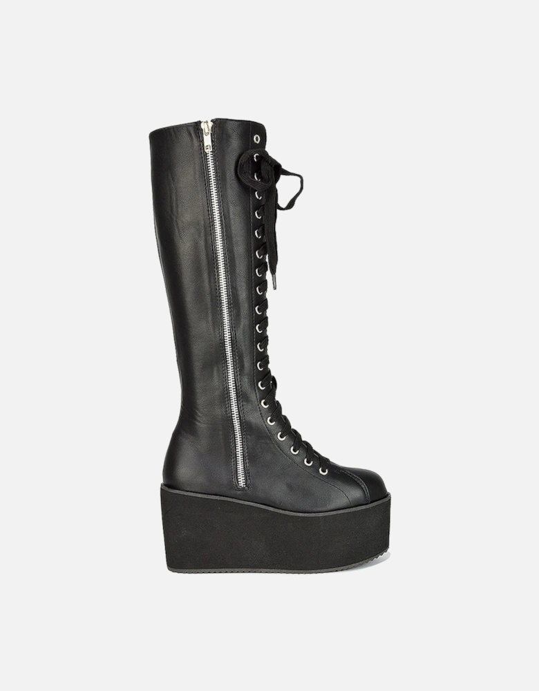 'Kalani' Platform Knee High Boots Lace Up Goth With Deco Zip