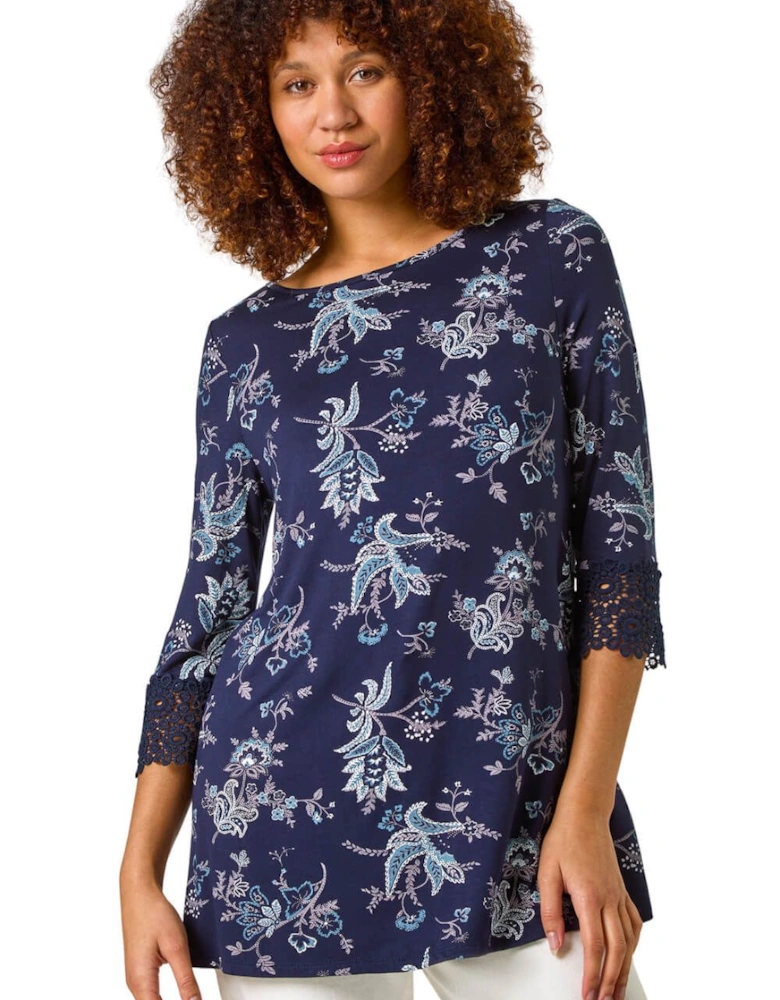 Floral Lace Cuff Stretch Top