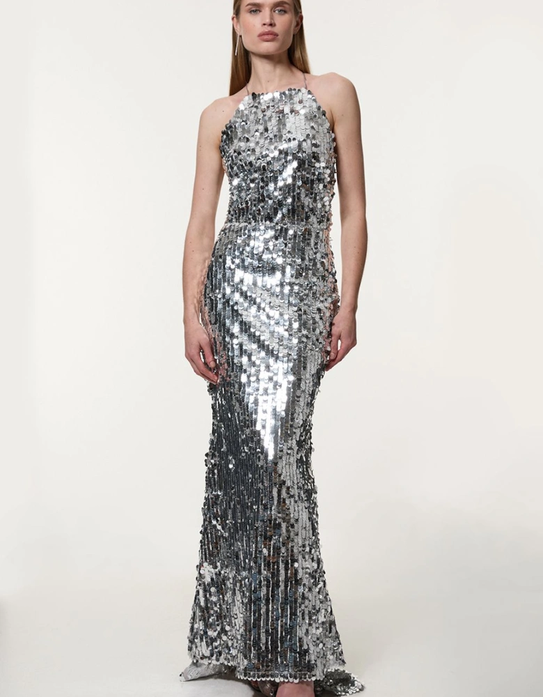 Petite Sequin Fishtail Halterneck Maxi