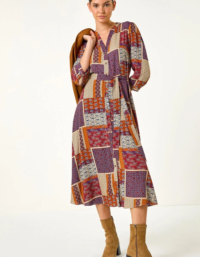 Patchwork Midi Shirt Dress