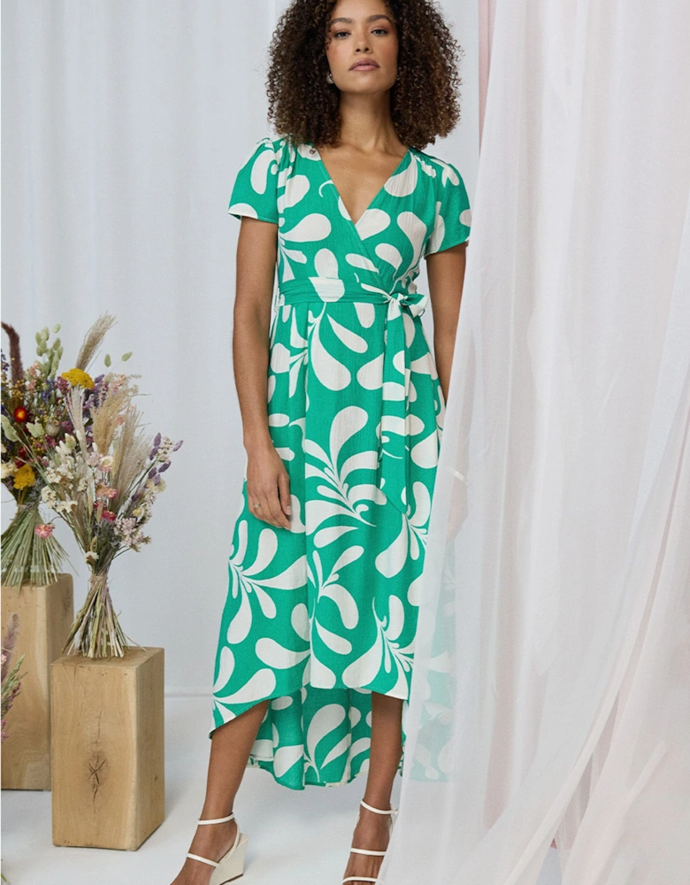 Printed Tie Waist Split Hem Midi Dress