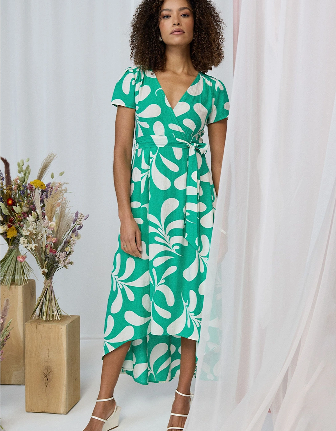 Printed Tie Waist Split Hem Midi Dress, 2 of 1