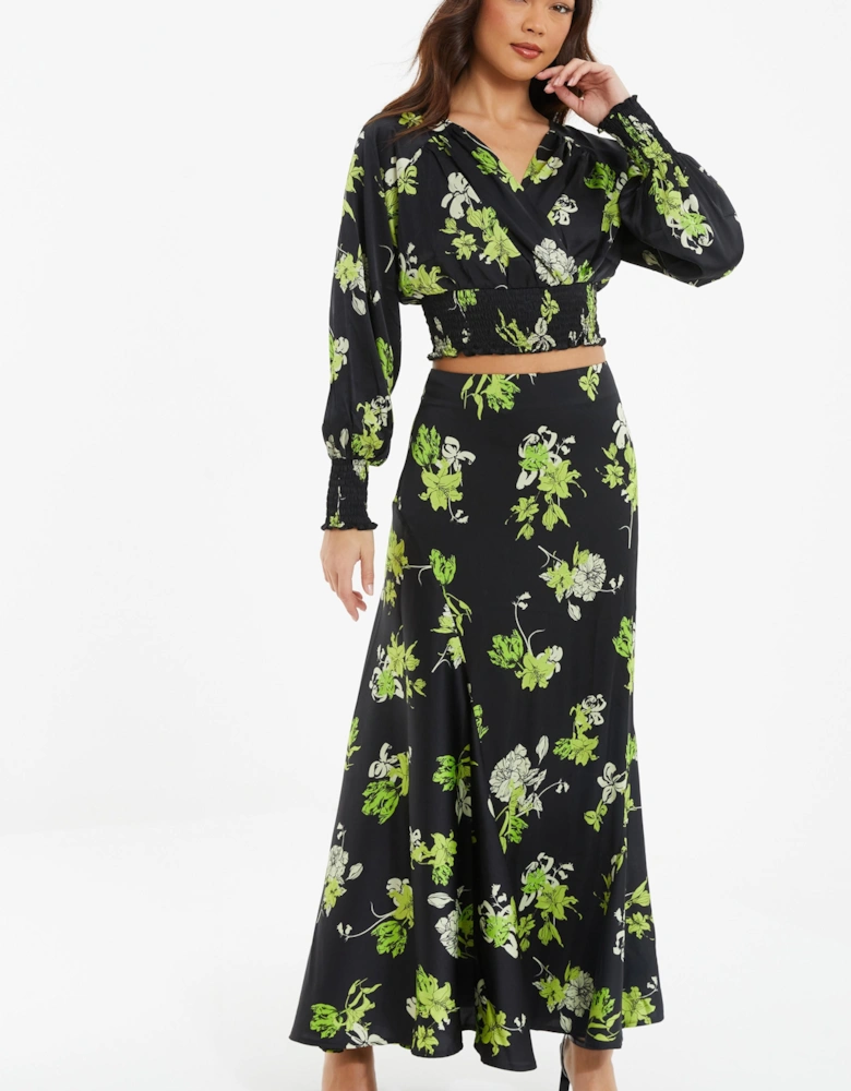 Black Satin Floral Midaxi Skirt