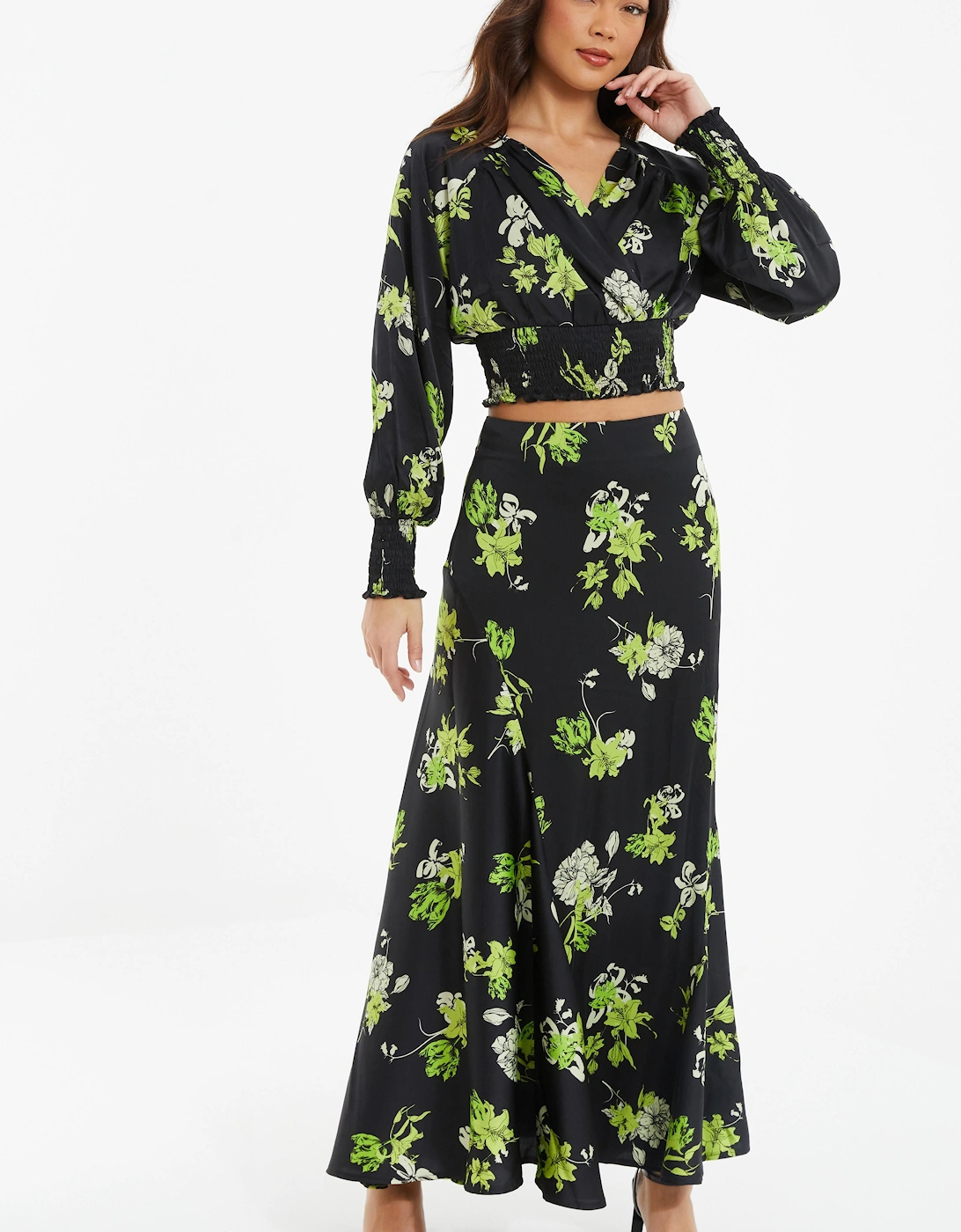 Black Satin Floral Midaxi Skirt, 2 of 1