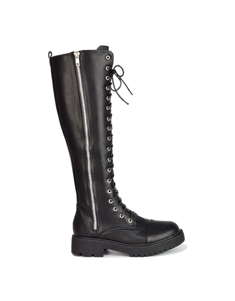 'Ada' Chunky Lace Up Knee High Boots With Deco Zip