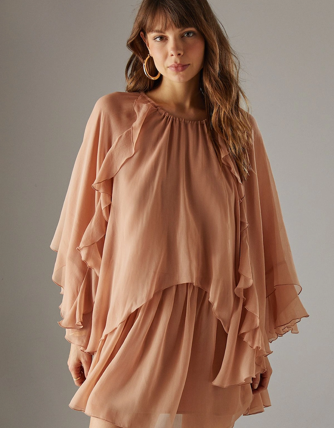Chiffon Ruffle Flared Sleeve Mini Smock Cape Dress, 2 of 1