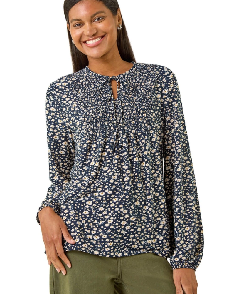 Printed Shirred Tie Neck Top