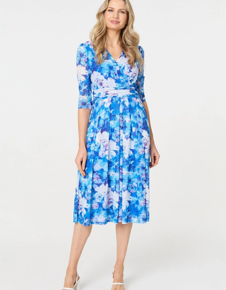 Floral Mesh Pleated Faux Wrap Midi Dress