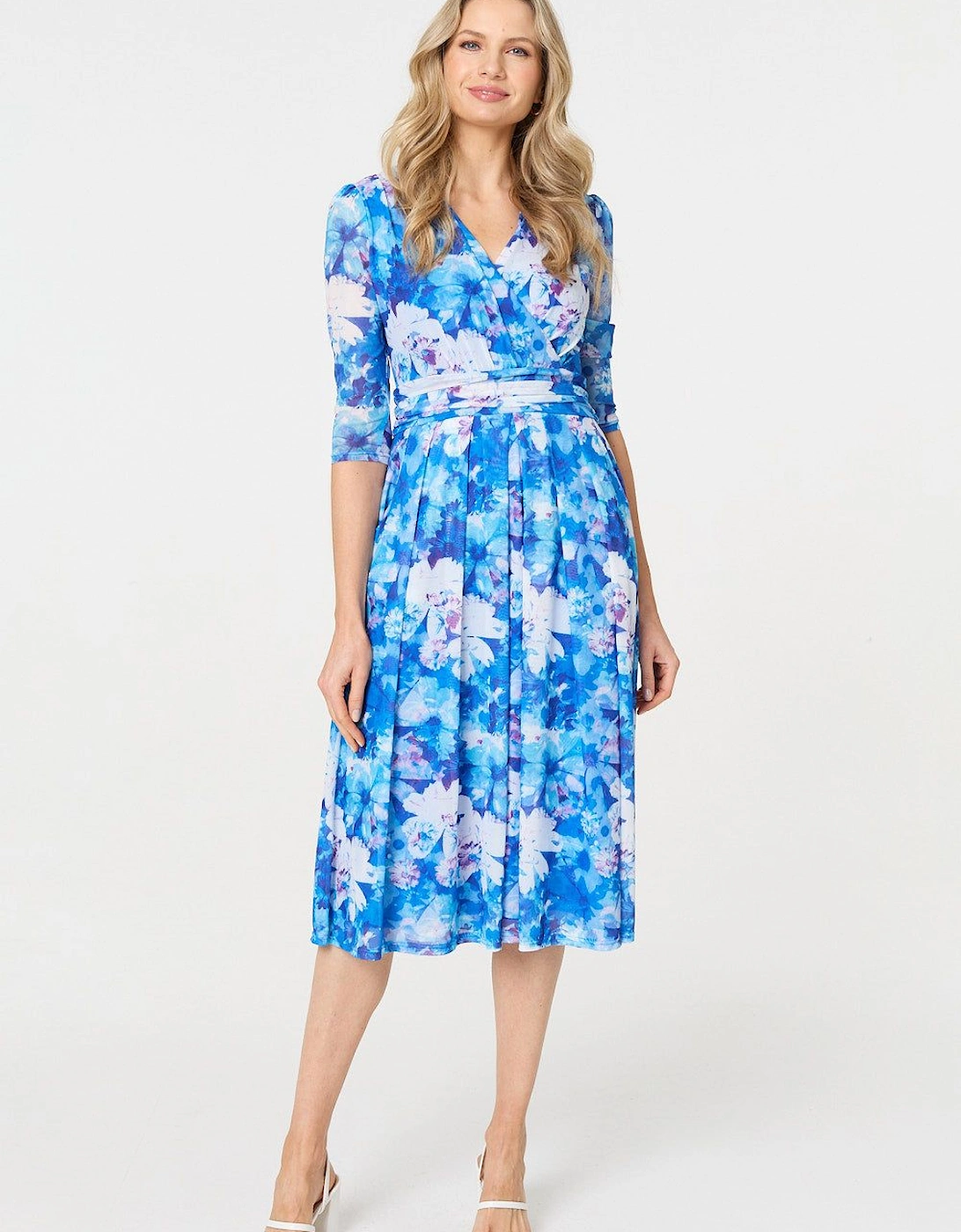 Floral Mesh Pleated Faux Wrap Midi Dress, 2 of 1