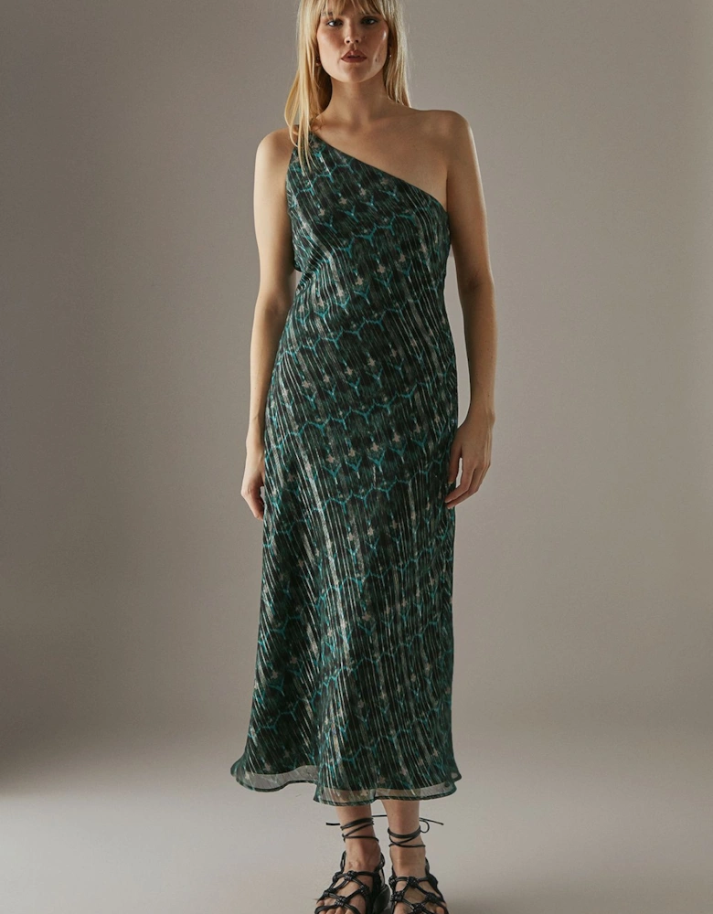 Metallic Chiffon One Shoulder Bias Midi Dress