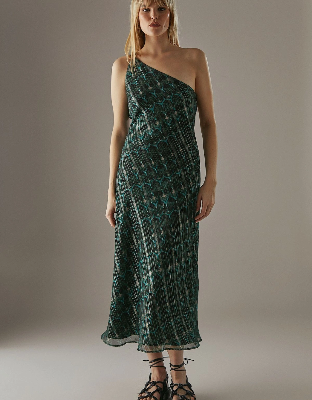 Metallic Chiffon One Shoulder Bias Midi Dress, 2 of 1