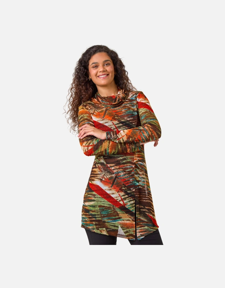 Abstract Print Cowl Neck Tunic Top