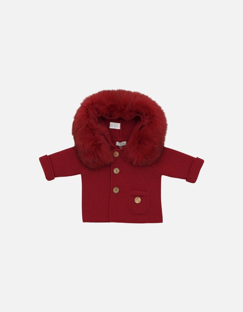 Dark Red Knit Natural Fur Cardigan
