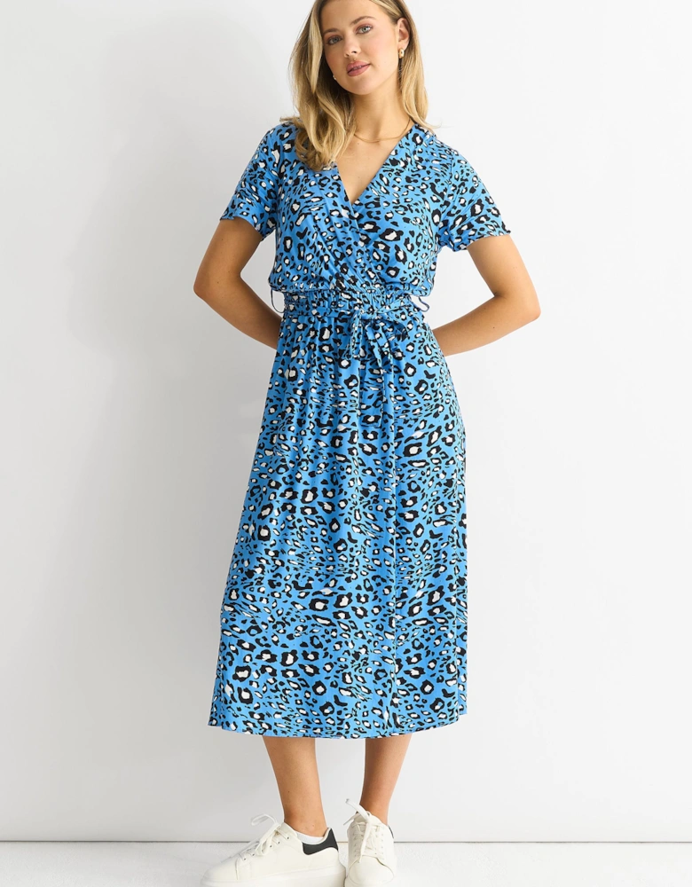 Short Sleeve Animal Print Wrap Front Midi Dress