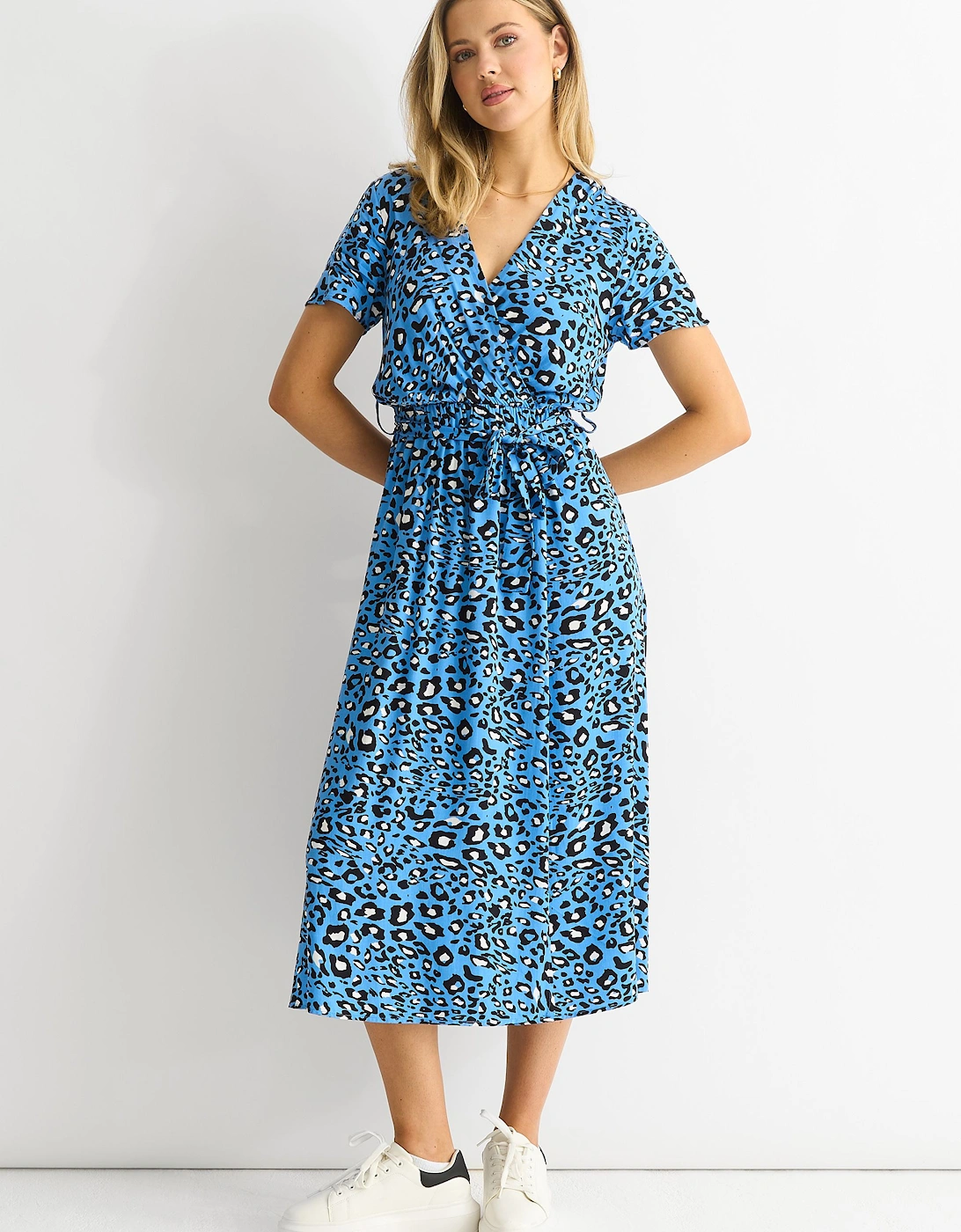 Short Sleeve Animal Print Wrap Front Midi Dress, 2 of 1
