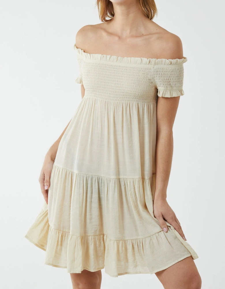 Stone Shirred Neck Line Floaty Dress