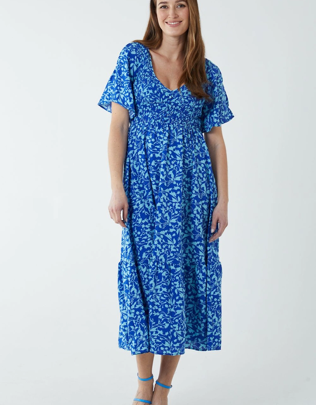 Shirred Bust Midi Dress With Angel Sleeves, 2 of 1