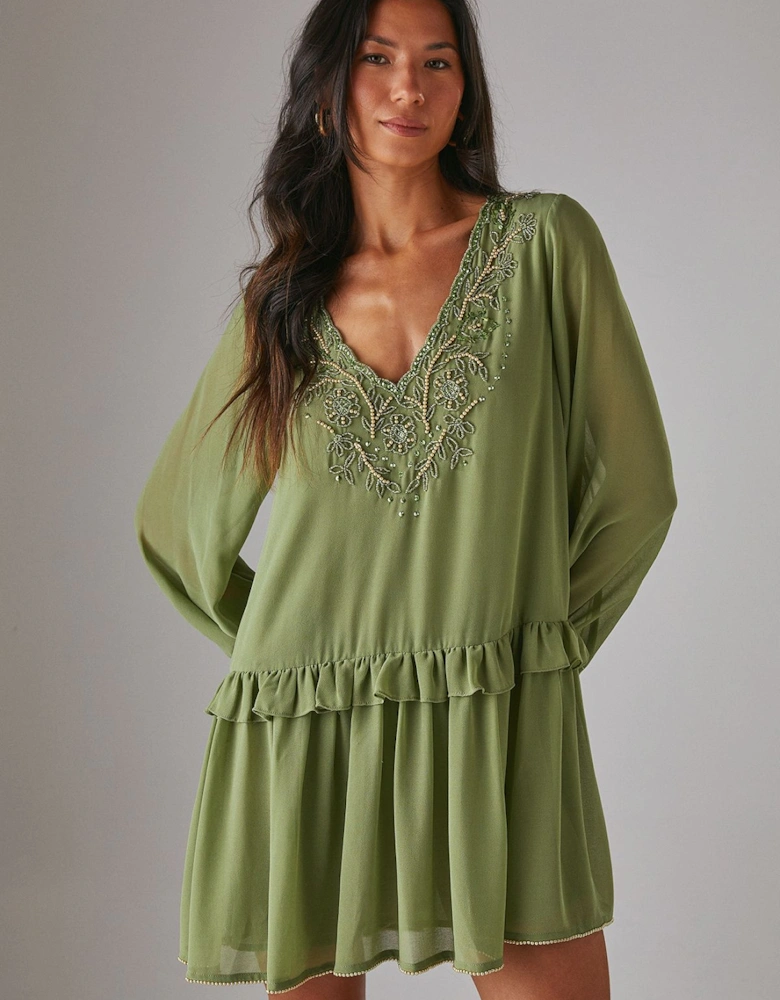 Hand Embellished Chiffon Sequin Mini Smock Dress