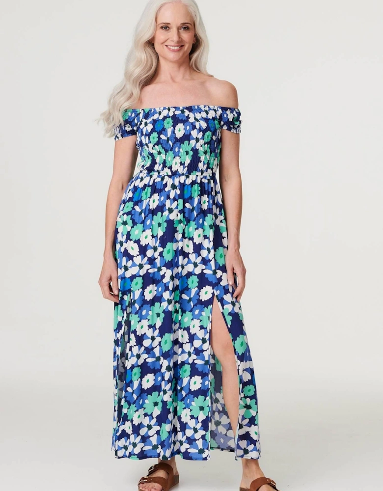 Floral Bardot Split Hem Maxi Dress