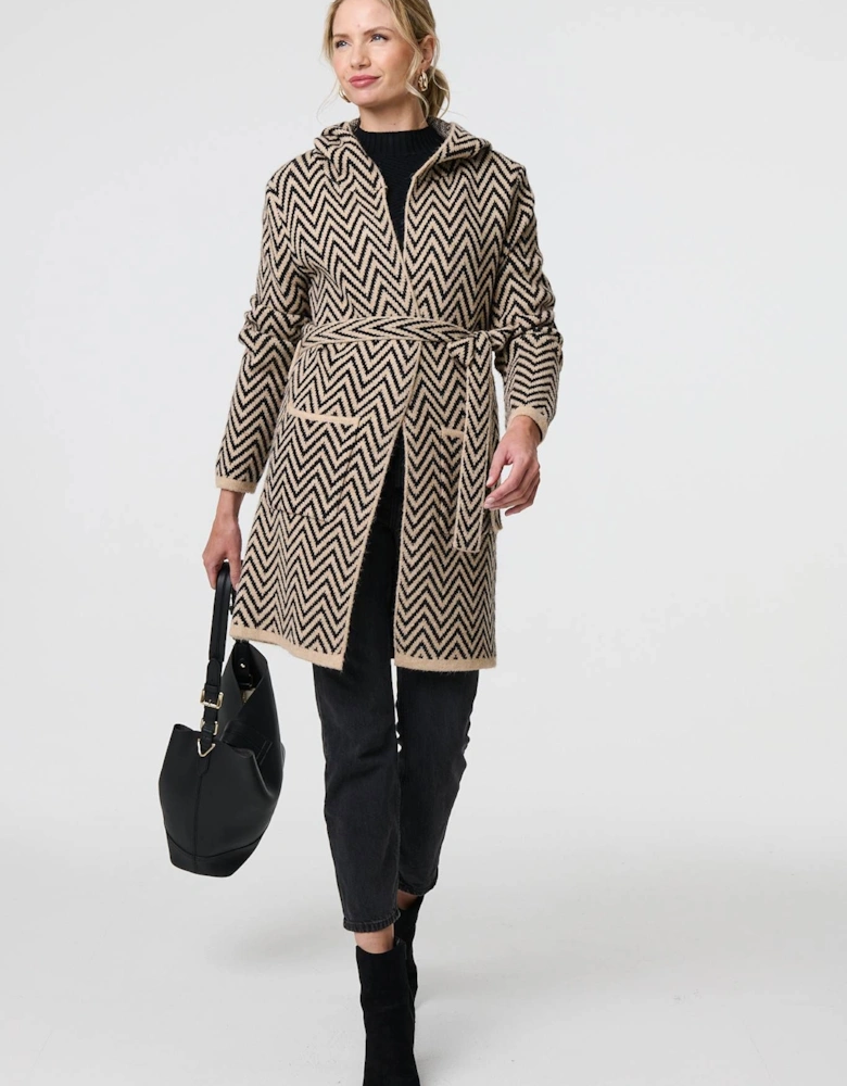 Chevron Print Tie Waist Hooded Coatigan