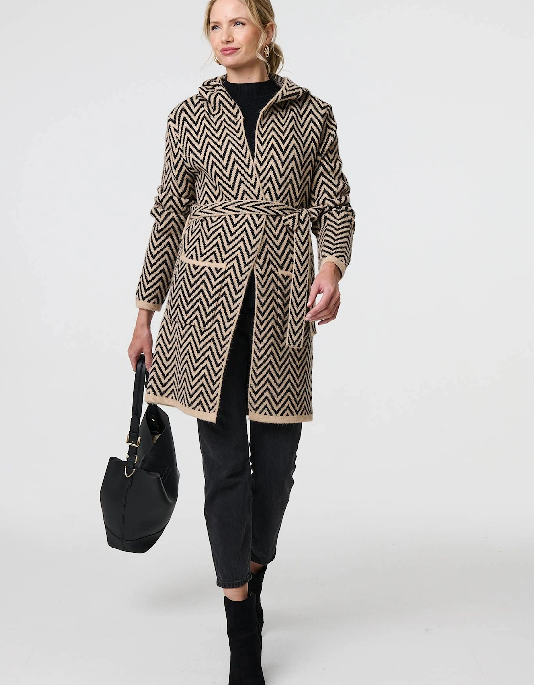 Chevron Print Tie Waist Hooded Coatigan, 2 of 1