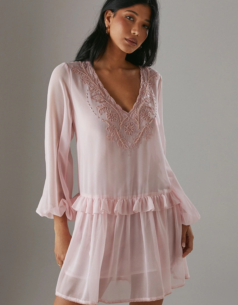 Hand Embellished Chiffon Sequin Mini Smock Dress