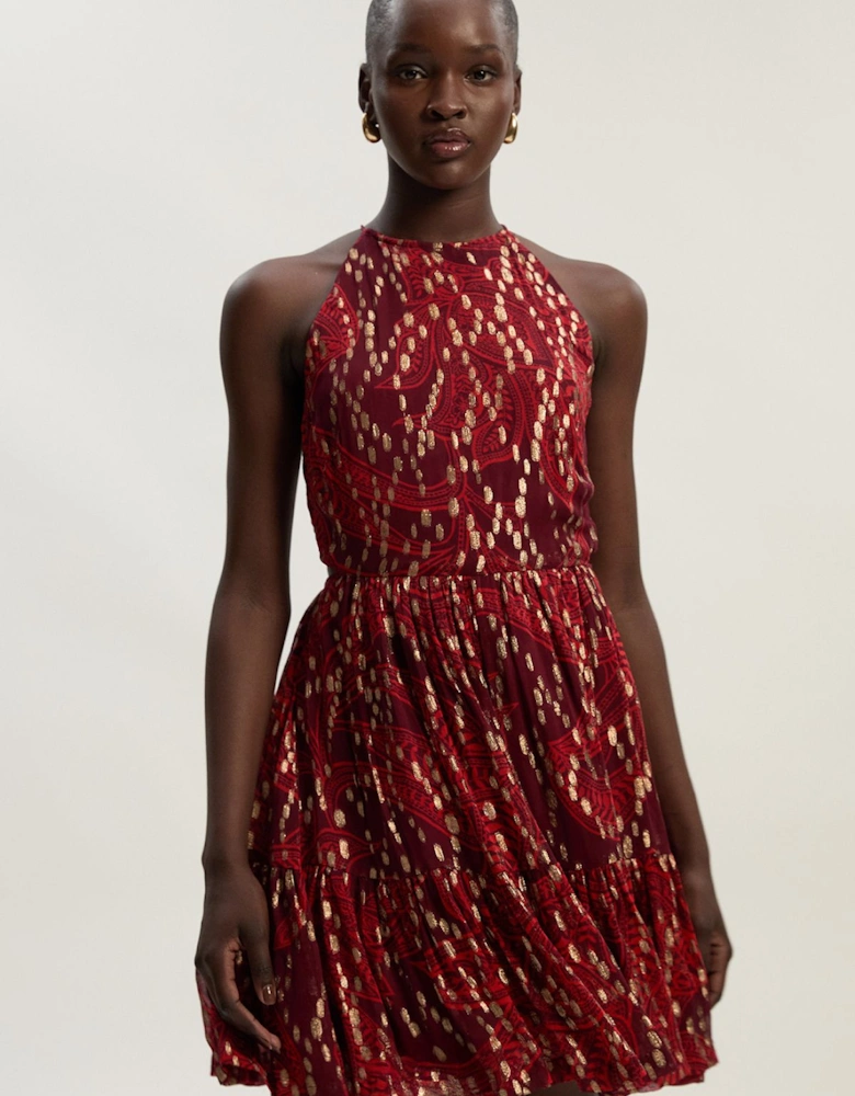 Printed Metallic Viscose Georgette Thread Halter Woven Mini Dress