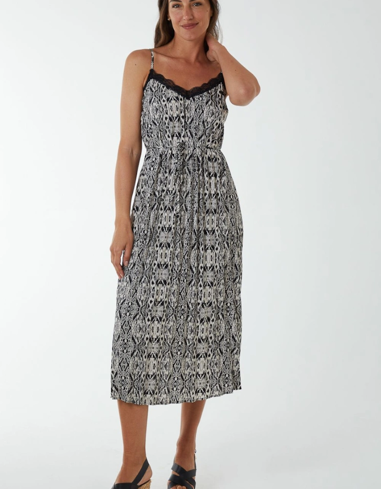 Pleated Midi Slip Dress With Lace Trim