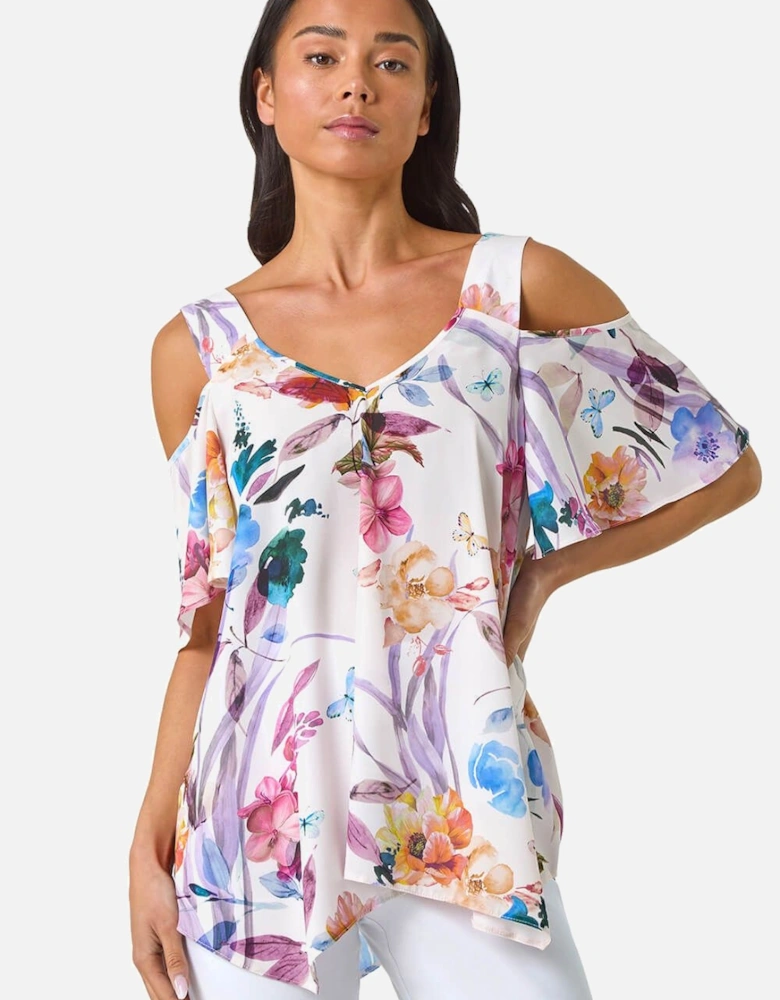Petite Floral Print Cold Shoulder Top