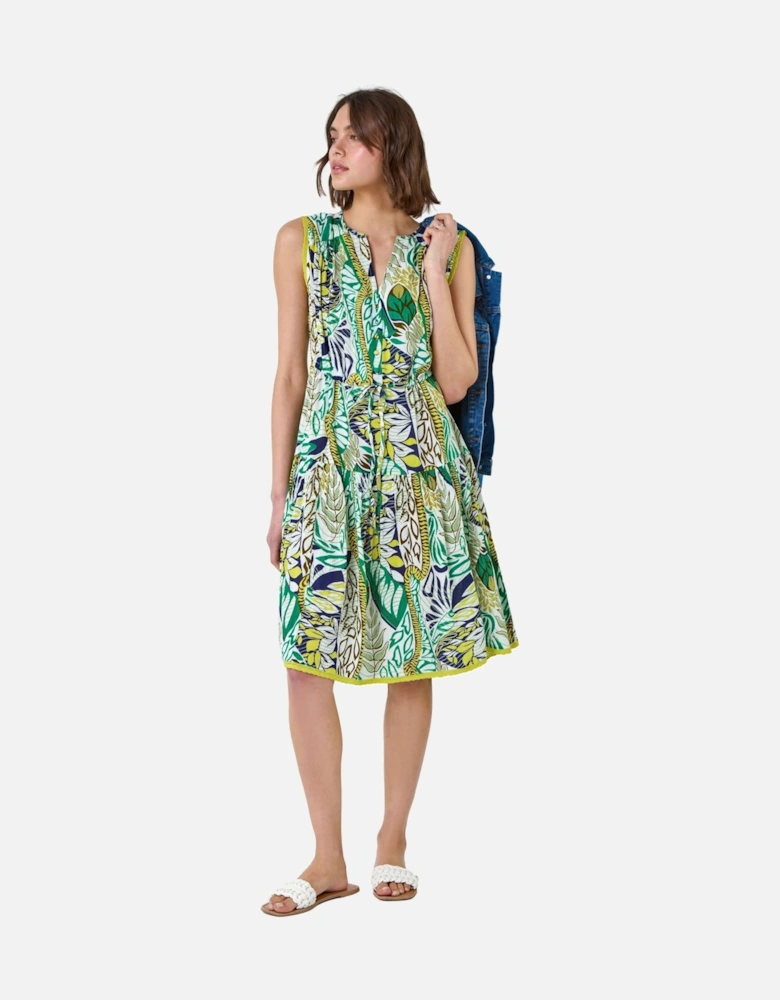 Leaf Print Tiered Woven Dress