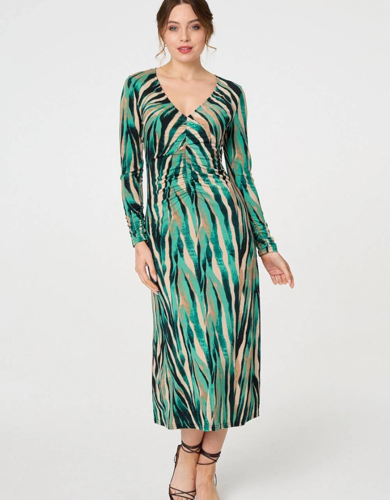 Abstract Print Ruched V-Neck Midi Dress