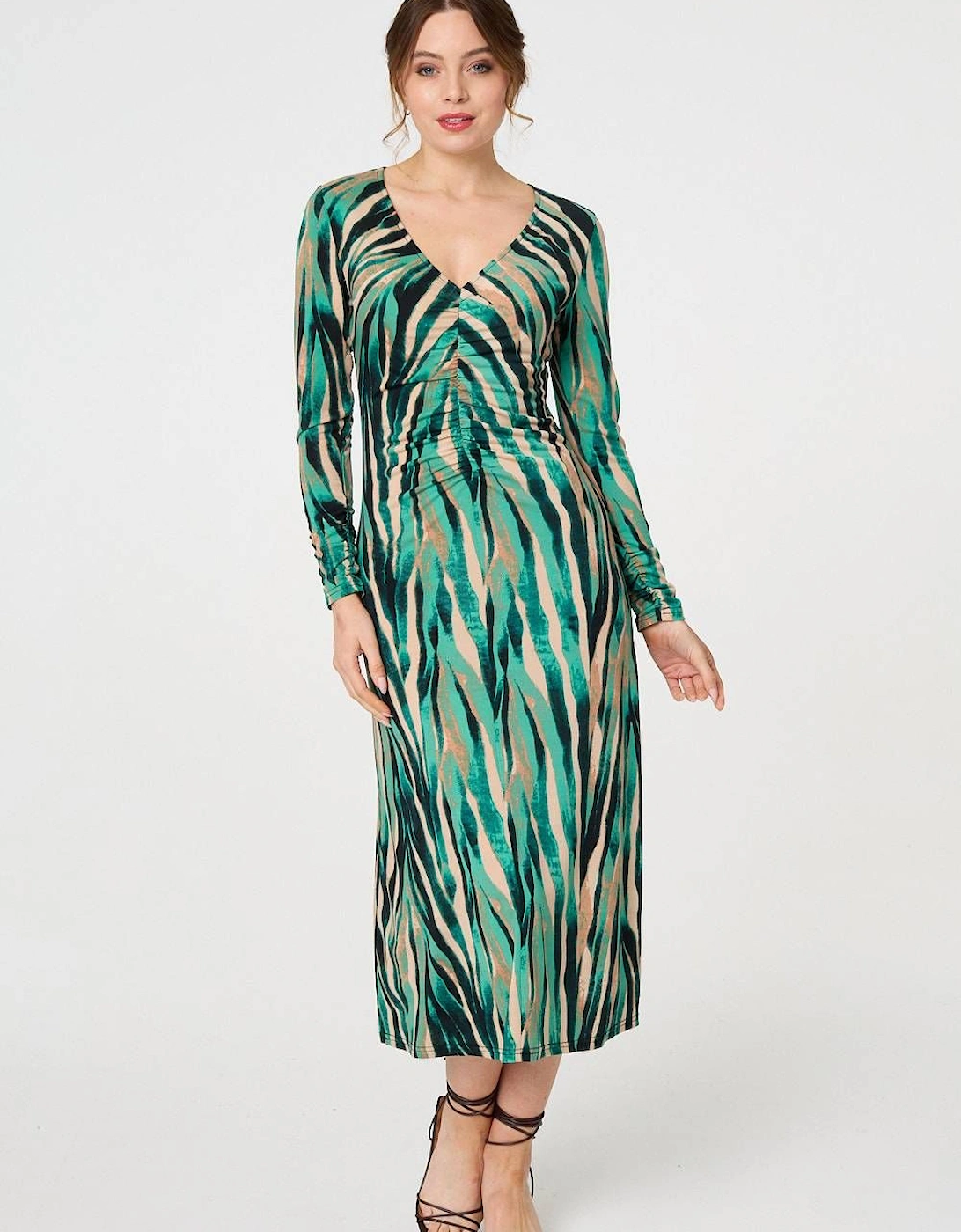 Abstract Print Ruched V-Neck Midi Dress, 2 of 1