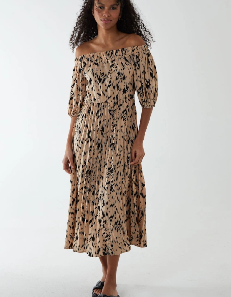 Bardot Midi Dress With Pleated Hem