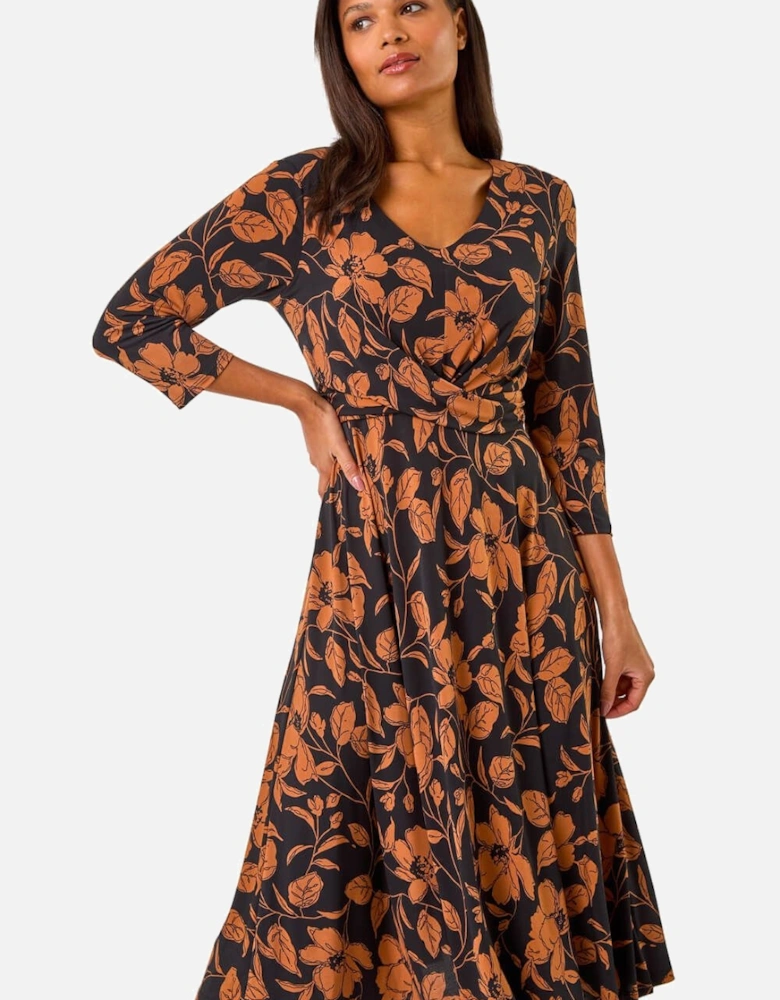 Leaf Print Wrap Midi Dress