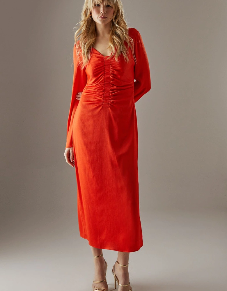Crinkle Satin Ruched Front Column Midi Dress